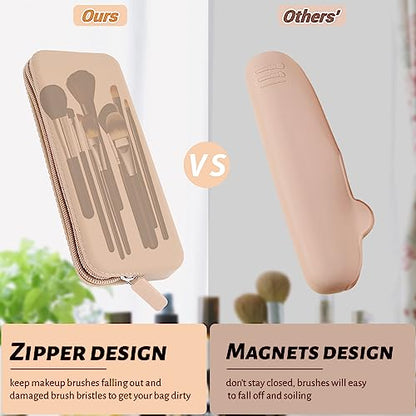 Sakolla Travel Makeup Brush Holder, Silicone Makeup Brush Bag with Zipper Closure, Makeup Brushes Organizer Case Washable Makeup Pouch Holder Case for Daily, Work, Essentials（Khaki） - color: Regular Khaki