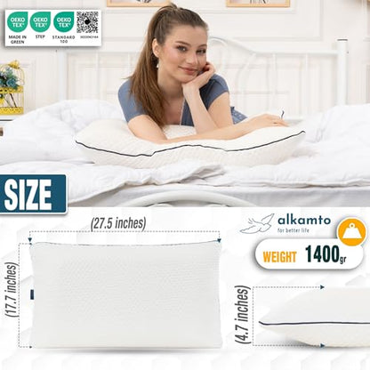 alkamto Memory Foam Pillow 27.5X 18 in”– Ergonomic Neck Support Pillow – Oeko-Tex Certified – Breathable & Thermoregulating Cover – Ideal for Back & Side Sleepers (27.5" (L) × 18" (W) × 4.7" (H)) - size: Queen