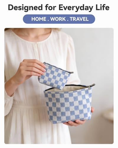 Gingham Canvas Makeup Bag Set Preppy Travel Makeup Pouch for Purse | Premium Thick Canvas Material, Timeless Blue White Checkered, Soft Lining, Daily Use and Gifts - style: Checkered Blue Canvas