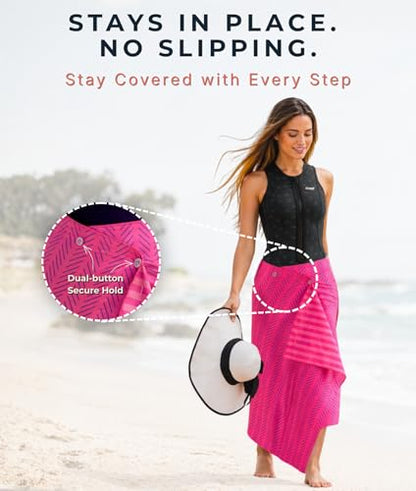 3-in-1 Wearable Beach Wrap & Lightweight Travel Towel – Sarong with Secure Button Closure, Quick-Dry Sand-Free Microfiber, Adjustable Fit (64”x33”, Fits S–4X), Compact Pool & Beach Essential - color: Pink - Blue Lines