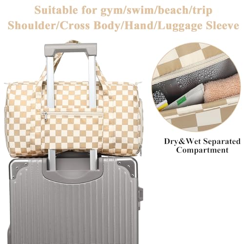 Gym Bag Sports Duffle Bag with Wet Pocket Weekender Overnight Bag with Waterproof Shoe Pouch and Air Hole for Girls Kids Women Travel Workout Bag - color: Brown checkered