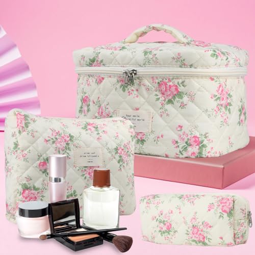NATINSA Cute Makeup Bag for Women(2 Pcs), Travel Cosmetic Bags, Quilted Coquette Aesthetic Floral Toiletry Organizer Bag (21 - Pink Flower) - color: 21 - Pink Flower
