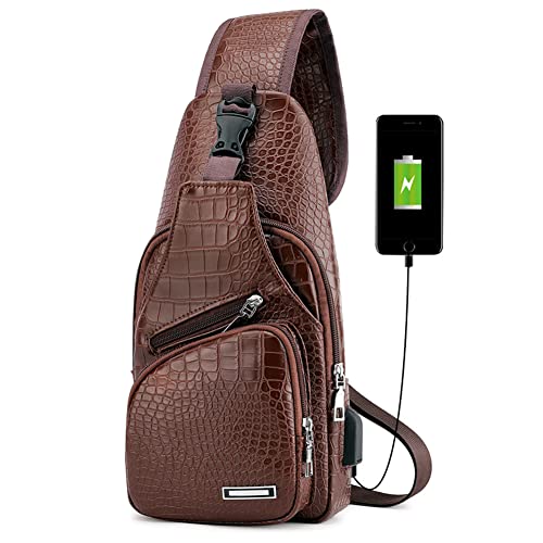 Peicees Leather Sling Bag Mens Crossbody Bag Chest Bag Sling Backpack for Men with USB Charge Port - color: Z/Crocodile Grained Leather/Dark Brown, size: Medium