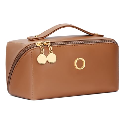 Initial Makeup Bag Gifts for Women Bridesmaid Gifts Travel Toiletry Personalized PU Leather Waterproof Cosmetic Bag (Medium-Brown-O) - color: MediumBrown, style: O