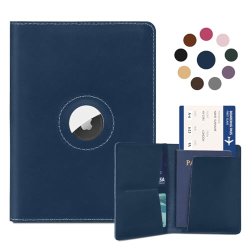 Airtag Passport Holder for Women Men Travel, Real Leather Passport Wallet, Handmade Passport Cover Case with Airtag Slot, Travel Must Haves Essentials Accessories Birthday Gifts (Crazy Horse, Blue) - color: Blue