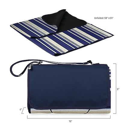 PICNIC TIME Outdoor Picnic Blanket Tote, 59"x51" Foldable Beach & Camping Blanket with Soft Fleece, Water-Resistant Bottom, Adjustable Strap & Zippered Pocket (Blue Stripe, Navy Flap) - color: Blue With Stripes