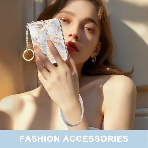 Aiawoxc Credit Card Holder, Small RFID Wallet Slim Leather Card Organizer Case with Zipper and Wristlet Strap, Grey Marble - color: B-Grey Marble, size: Wrist Strap
