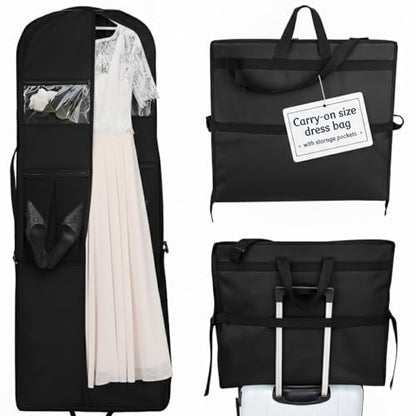 Wedding Dress Garment Bag 72" – Waterproof Trifold Travel Garment Bag for Bridal Gown with Shoulder Strap, Suitcase Sleeve & Accessory Pockets – Fits Full Skirts, Oxford Fabric, Carry Handle - color: Black