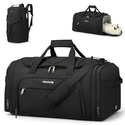 Hanke Expandable Carry On Luggage Bag,3 in 1 Duffle Bag for Travel,45L-55L Weekender Overnight Bag with 15.6" Compartment for Women & Men (Black) - color: Black