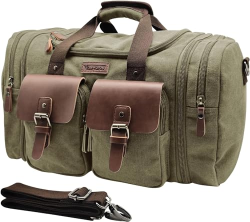 Wildroad 60L Travel Duffel Bag, Expandable Canvas Genuine Leather Duffle Bag Upgraded Overnight Weekender Bag Carry on Bag - color: Army Green, size: X Large-60L Duffle Bag