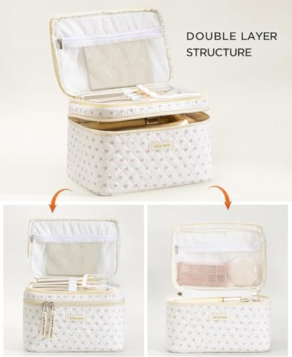 HBselect 2Pcs Travel Makeup Bag, Large Cotton Quilted Makeup Bag Cosmetic Bag Cute Make up Bag Toiletry Bags for Women Girls - color: 2PCS-FLOWER