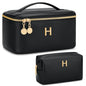 Personalized Initial Makeup Bag Gifts for Women, Large Travel Cosmetic Organizer with Handle & Divider, PU Leather Toiletry Bag for Girls, Birthday Bridesmaid Gift Set - Black - H - color: Black, style: H
