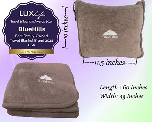 BlueHills Premium Soft Travel Blanket Pillow Airplane Flight Blanket Throw in Soft Bag Pillow case with Luggage Belt & Backpack Clip Compact Pack Large Airport Taupe T023 - color: Taupe-1pk-t023