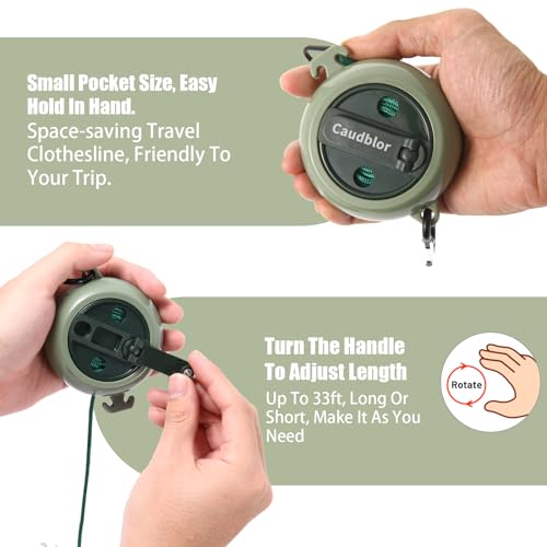 Portable Travel Clothesline Cord, Caudblor Adjustable 33ft Camping Clothes line, Laundry Drying Rope for Hotel Trip, Cruise, Outdoor/Indoor, with 12Pcs Stoppers, Windproof Clothespins - style: Deep Green