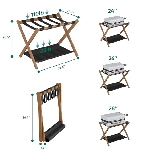 Smuxee Walnut Bamboo Luggage Rack for Guest Room, Foldable Suitcase Stand with Storage Shelf, Easily Assembled Luggage Stand with 5 Nylon Straps for Guest Room Bedroom Hotel - color: Walnut 1PCS