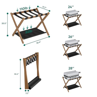 Smuxee Walnut Bamboo Luggage Rack for Guest Room, Foldable Suitcase Stand with Storage Shelf, Easily Assembled Luggage Stand with 5 Nylon Straps for Guest Room Bedroom Hotel - color: Walnut 1PCS