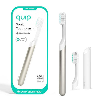 Quip Metal Sonic Electric Toothbrush for Adults - Time Travel & Soft Bristles with Travel Case & Replacement Brush Head - 3 Month Battery Life, Moonlight Champagne - color: Moonlight Champagne
