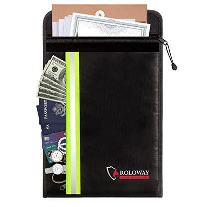 ROLOWAY Fireproof Envelope for Cash, Legal Documents Safe (15 x 11 inch) with 2 Pockets & Waterproof Zipper, Black - size: 15 x 11 inch, style: Black Fireproof Bag