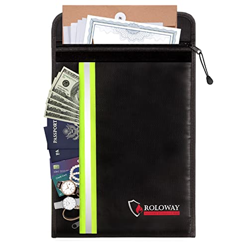 ROLOWAY Fireproof Envelope for Cash, Legal Documents Safe (15 x 11 inch) with 2 Pockets & Waterproof Zipper, Black - size: 15 x 11 inch, style: Black Fireproof Bag