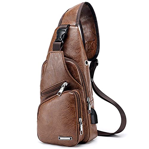 Peicees Leather Sling Bag Mens Crossbody Bag Chest Bag Sling Backpack for Men with USB Charge Port - color: Light Brown, size: Medium