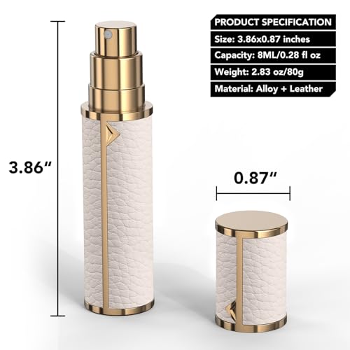 8ML Travel Perfume Refillable Atomizer, Mini Genuine Leather Cologne Sprayer, Protable Pocket Size Empty Fragrance Spray Bottle (White) - color: White