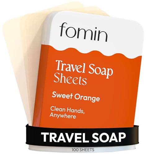 FOMIN - Paper Soap Sheets for Traveling - 100 Orange Portable Camping Soap Sheets for Travel in Tin - Dissolvable Mini Portable Travel Soap Sheet for Hand Washing - color: Orange