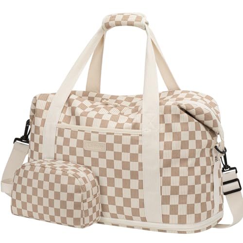 Expandable Travel Duffle Bags Weekender Overnight Bags for Women Men Hospital Bag for Women Labor Delivery with Toiletry Bag Waterproof - color: Corduroy Khaki Checkered, size: Large