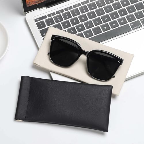 Sightor Sunglass Case, 2 Pcs Soft Eyeglass Cases for Women Portable Squeeze Top Leather Glasses Pouch - color: Black, Beige