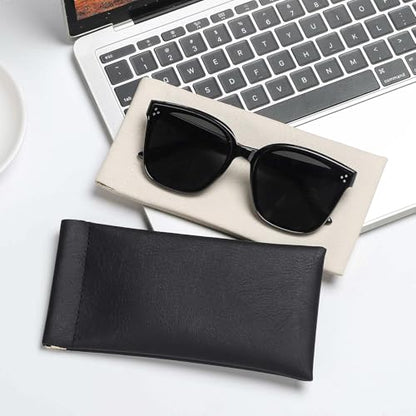 Sightor Sunglass Case, 2 Pcs Soft Eyeglass Cases for Women Portable Squeeze Top Leather Glasses Pouch - color: Black, Beige