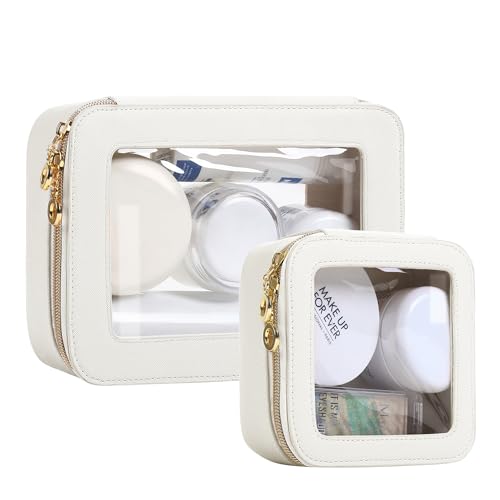 Leather Clear Makeup Bags Set - Travel Clear Cosmetic Bag Case with Zipper, Transparent TSA Approved Toiletry Bags for Travel Essentials Car Accessories for Women (White, S+M) - color: White, size: Mini+Medium
