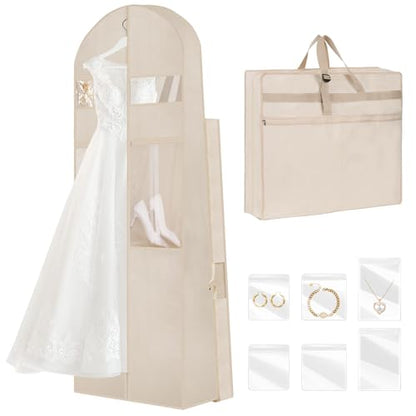 Wedding Dress Garment Bag,72" Tri-Fold Bridal Gown Bag with 12 Pouches and Adjustable Buckle Gown Cover for Wedding/Prom/Travel/Closet Storage (2pcs Beige) - color: 2pcs Beige