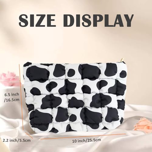 Puffy Quilted Makeup Bag, Cosmetic Bag, Travel Toiletry Organizer Pouch, Clutch for Women (Cow Print) - color: Cow Print