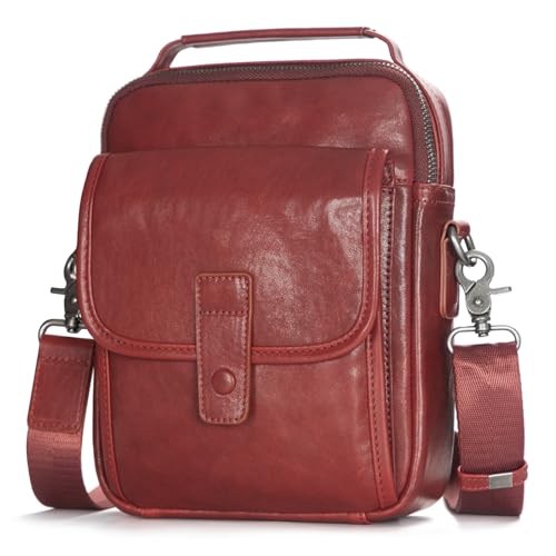 Augus Leather Small Messenger Bag For Men Crossbody Handbag Shoulder Sling Travel Bags for Men Purse Daypack Magnetic Buckle - color: Maroon