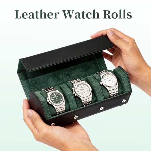 Leather Watch Roll for 3 Watches - Velvet-Lined Travel Case, Luxury Watch Rolls Organizer with Storage & Display for Men (3 Slot-Black Green) - color: 3 Slot-Black Green
