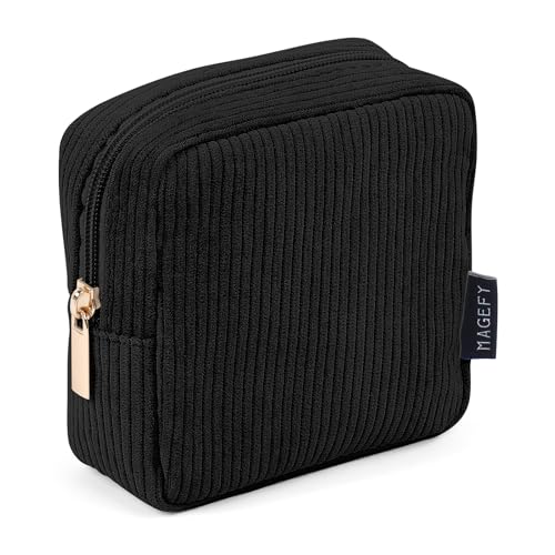 MAGEFY Small Makeup Bag for Purse Mini Cosmetics Bag Corduroy Cute Cosmetic Pouch for Women with Slip-in Pockets - color: Small-Black-1pcs