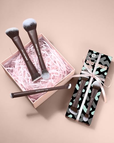 EIGSHOW Makeup Brush Set 3Pcs, Double Sided Foundation Contour Powder Highlight Concealer Brush for Liquid, Cream & Powder, Fit for Home, Travel & Gifting (Mocha) - color: Brown
