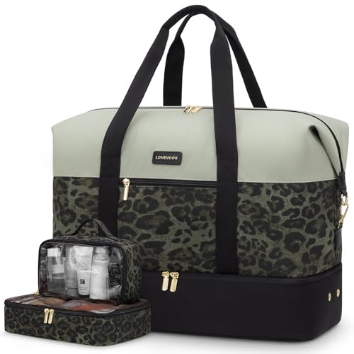 LOVEVOOK Weekender Bag for Women, Large Duffle Bag for Travel with 2 Packing Cubes, Carry on Overnight Bag with Shoe Compartment, Mom Hospital Bags for Labor and Delivery - color: Green-Leopard Print, size: 56L-3Pcs