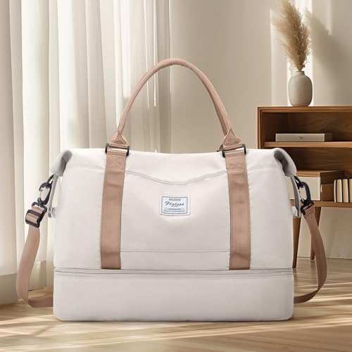 Travel Duffel Bag with Shoes Compartment, Overnight Weekender Bags for Women,Carry on Personal Item Bag - color: A-Beige & Brown, size: Large