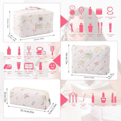 3PCS Coquette Makeup Bag,Quilted Cosmetic Bag Large Make Up Bag Set,Quilted Portable Toiletry Organizer Bag,Cotton Travel Skincare Bag for Women Girls (05-Pink Rabbit) - style: 05-pink Rabbit