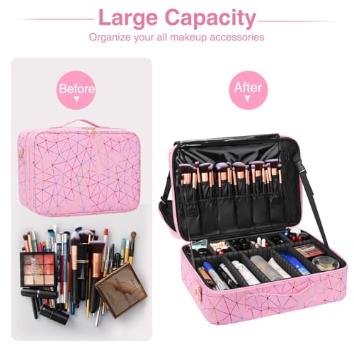 MONSTINA Professional Makeup Case Bag|3 Layers Large Capacity Cosmetic Organizer Brush Bag,Barber Train Case Makeup Artist Box,PU Leather Stylish Geometric Reflection Patterns Pink - color: Pink Diamond, size: Large