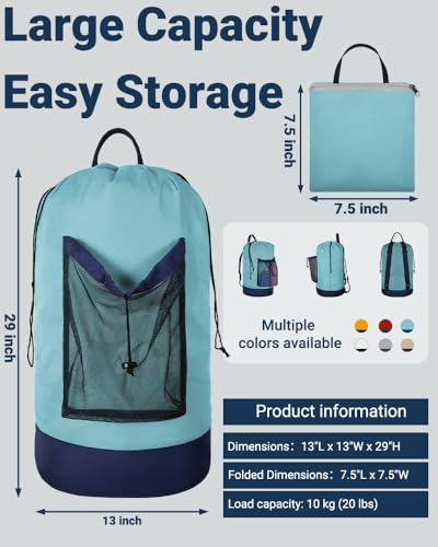 Laundry Bag with Shoulder Straps and Mesh Pocket Laundry Backpack Large Portable Laundry Hamper for College Laundromat Apartment - color: Lake Blue & Dark Blue
