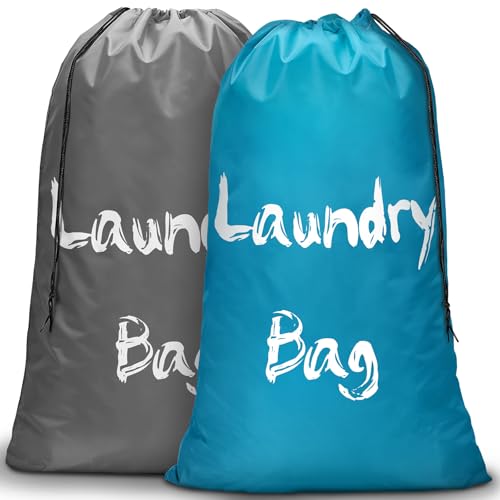 2 Pack XL Travel Laundry Bags for Dirty Clothes - Extra Large Heavy Duty Drawstring Laundry Bag Holds 4 Loads - Cruise Ship, Camping, Road Trip, Vacation Essentials Must Haves 2025 2026 - color: Gray + Sky Blue