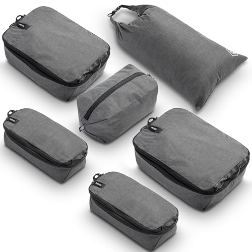 Compression Packing Cubes for Travel by TRIPPED – 6-Piece Premium Set with Laundry & Shoe Bag, Space Saving Travel Organizer Bags for Suitcase & Carry-On Luggage (Grey) - color: Grey - 6 Piece