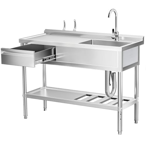 Stainless Steel Sink, Free Standing Single Bowl Commercial Kitchen Sink w/Workbench & Storage Shelf, w/Hot & Cold Water Pipes & Faucet for Laundry Room, Farmhouse, Indoor/Outdoor(47 inch) - color: 47" Sink with Left Drainboard