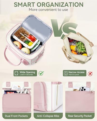 HOMESPON Insulated Lunch Bag Women Wide Opening Adult Lunch Box Large Leakproof Cooler Bag for Work Picnic Beach Family College Lunch Teacher Tote Bag with Adjustable Shoulder Strap Cup Holder(Pink) - color: Pink