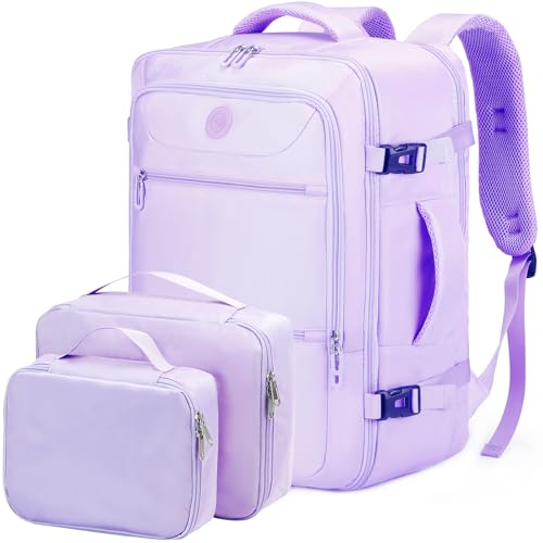 SHRRADOO Travel Backpack for Women & Men,Airline Approved Carry On Luggage,TSA Overnight Bags,40L Personal Item Travel Bag fits 17" Laptop,Carry on Bag with Storage Bag Cosmetic Bag Set 3pcs - color: Light Pink