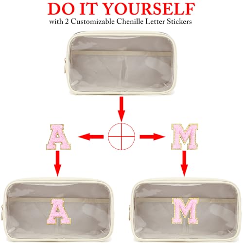 Fammart Clear Makeup Bag with 2 Customizable Chenille Letters - Waterproof PU Leather Cosmetic Case, Large Personalized Toiletry Pouch for Women & Teens, Ideal for Travel & Gift - color: Clear, Large - Beige