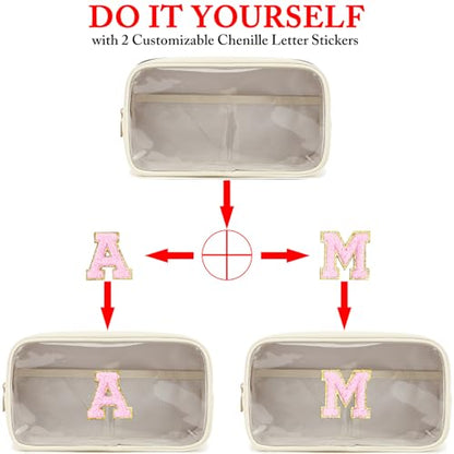 Fammart Clear Makeup Bag with 2 Customizable Chenille Letters - Waterproof PU Leather Cosmetic Case, Large Personalized Toiletry Pouch for Women & Teens, Ideal for Travel & Gift - color: Clear, Large - Beige