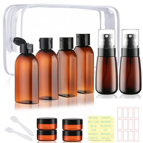 Travel Shampoo Bottles for Toiletries 10 Pack TSA Approved Travel Size Containers Leak Proof Plastic Small Cream Jars & Refillable Spray Bottle for Shampoo, Conditioner, Body Wash - color: C-Amber