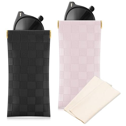 Sightor Sunglasses Case, 2 Pcs Soft Eyeglass Cases Checkered Sunglass Case Portable Squeeze Top Leather Glasses Pouch - color: Black, Pink